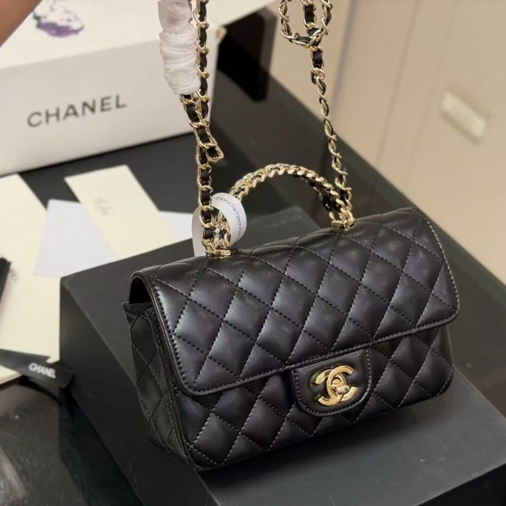 Chanel Classic Flap Mini Black Quilted Lambskin Bag with Top Handle Chain Strap